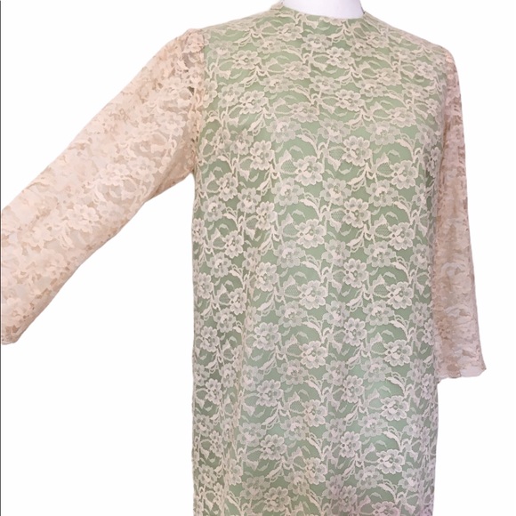 Vintage 60's Cream Lace Over Green Shift Dress Medium - Picture 3 of 13